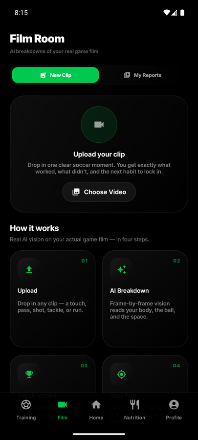The Baller AI film room, where match clips are uploaded for analysis
