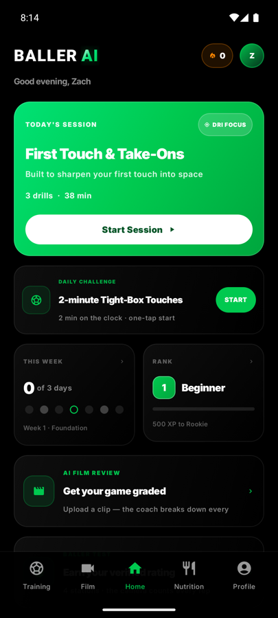 The Baller AI home screen showing today's session and streak
