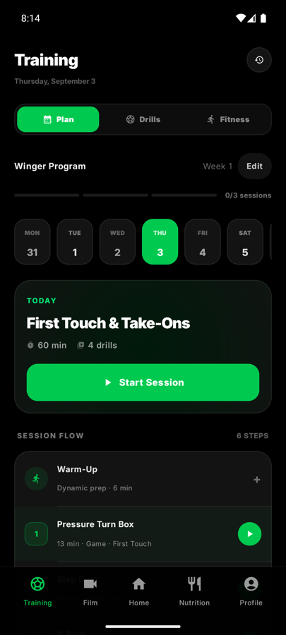 The Baller AI training screen showing this week's drills